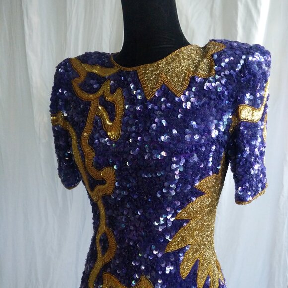 STUNNING RARE Designer Lawrence Kazar Vintage Purple and Gold Beaded Dress Small - Picture 3 of 10
